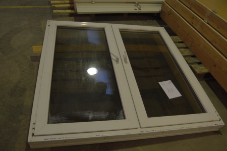 Plastic window, side hinged, two-piece. White. Frame dimensions, wxh, ca. 161.5 x 159. Pallet not included