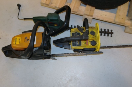 2 pcs. chainsaws,, 1 mrk partner, 542E and 1 mrk Partner Super Pro 400 + 1 pcs Hedge cutter mrk. Bosch, with approx 40 cm sword. all in unknown condition 