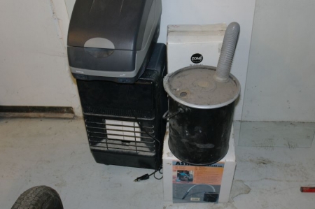 Gas heater, 12 volt refrigerator, 2 pcs ashsuction and 1 pc fire tools.