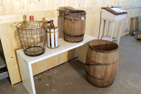 White Beer bottle + Demijohn + 2 x old wooden barrels