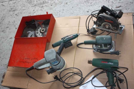 5 power tools: 500 W Skill circular saw; Metabo sander, Bosch PHG2 heat gun, Exenter grinder, Toolmatic Basic, Power screw driver and box including various radial blades