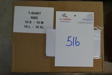 Firmatøj uden tryk ubrugt: 40 stk. rundhalset T-shirt, Rød, 100% bomuld. 10 S - 10 M - 10 L - 10 XL