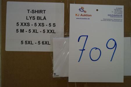 Firmatøj uden tryk ubrugt: 45 stk. rundhalset T-shirt, Lysblå, 100% bomuld. 5 XXS - 5 XS - 5 S - 5 M - 5 XL - 5 XXL - 5 5XL - 5 6XL