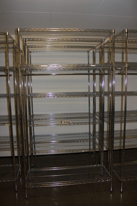 3 Stück. Stahlregale, Tubo, einschließlich 1 m langen Abschnitt. Aufhänger + 2 Abschnitte M Regale, H 220 cm, B 120 cm, T.: 45 cm