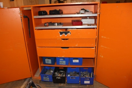 Tool Box in wood with drawers containing div. Tools, screws, boxes with handles, brackets, dørhængelser