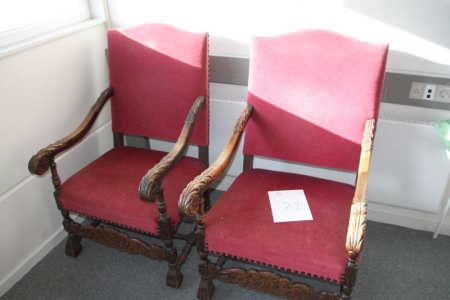 2 x lænestole, antikke. Betræk: bordeauxrød velour