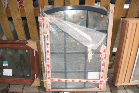 Plastic Window, Anthracite, arched top, interior mullions, unused. Width x height x frame width, ca. 80 x 107 x 5.5 cm