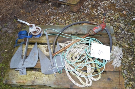 Pallet with various, including 2 x ship anchors, hand winch, fuel pump and ropes