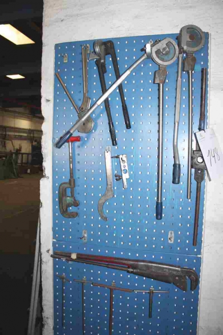 Tool panel including 4 tube bending tools, Bahco pipe tong and more