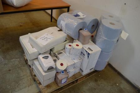 Pallet with various wipes, toilet paper and soap dispensers and paper towel dispensers