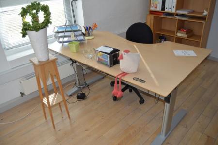 Elevating desk + chair + 2 racks (containing no paper) + miscellaneous decoration items