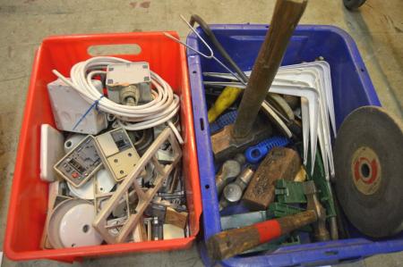 2 boxes miscellaneous tools + box of assorted electrical parts etc.
