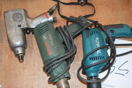 Luftslagnøgle, CP + varmluftpistol, Bosch PHG 500-2 + elboremaskine, Makita 6413