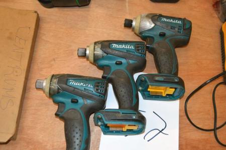 3 x cordless drills, Makita BTD 145 without battery and charger