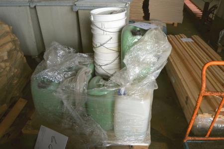 Pallet with buckets and cans, debris
