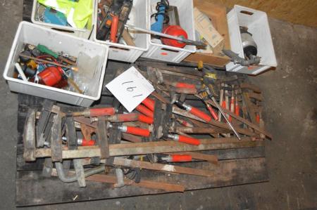 Pallet with many assorted clamps + boxes of miscellaneous tools, etc.