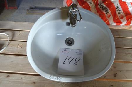 Porcelain wash basin with mixer. Wxd approximately 51 x 46 cm