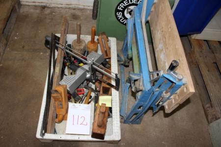 Box with various carpenter and joiner tool + Workbench Workmate