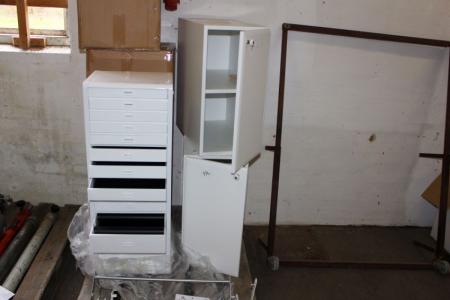 2 pcs. white cabinets + 2. white drawer sections on wheels