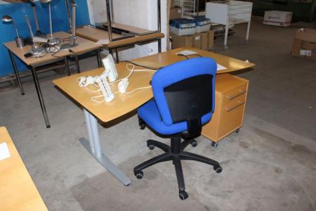 El hæve/sænke skrivebord + skuffesektion + stol  lampe
