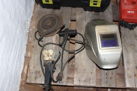 Large angle grinder + welding helmet + aku tool without battery and charger