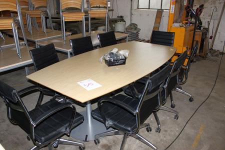 Conference table 220 x 115 (at the widest point) with 8 chairs with wheels, Ben on chairs can be replaced with fixed feet