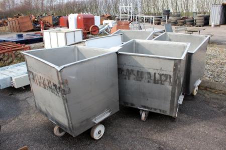 5 pcs stainless steel vats on wheels approx 90 x 90 cm