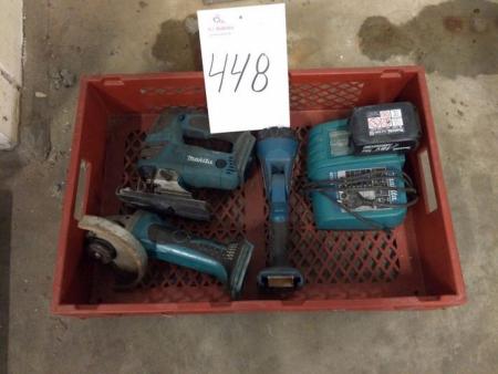 Makita cordless drill 18 v grinder, jigsaw and lamp 1 charger 1 batt condition unknown
