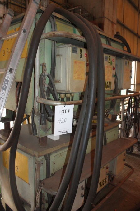 Arc Welding Transformer, 2 x 3 stations. AGA, 100-700 Amp. Total weight: 2200 kg. Power cables. (9640 + 9553)