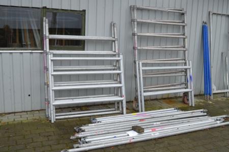 Aluminium roller scaffolding, 120 cm wide with 4 gables á 2 m + 4 gables á 1 meter + about 14 assorted beams