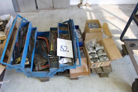 Pallet with toolbox + boxes with nuts and bolts, etc.
