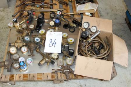 Pallet with various cutting torch parts and manometer etc.