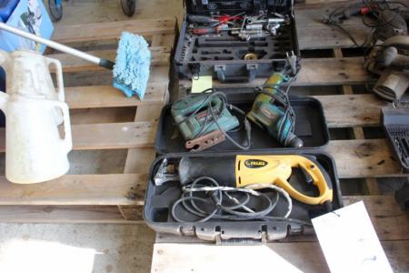 Pallet with various power tools + box of living, etc.