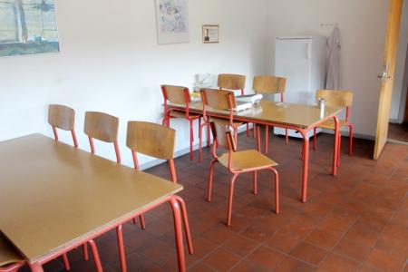 Everything in the canteen 4 tables with six chairs each + refrigerator + pictures + content ii kitchen cabinets