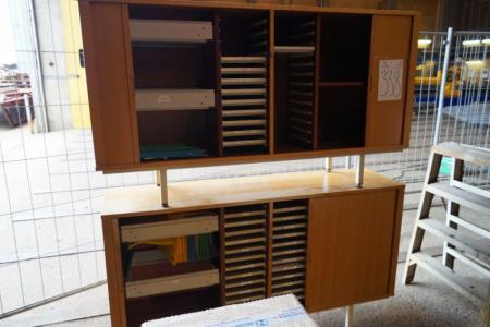 3 pieces. filing cabinets with roller shutters, L 165 x D 42 x H 92.5 cm and div. Shelves. used