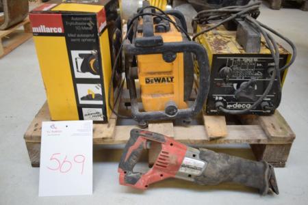 Electrode welder, reciprocating saw, DeWalt radio, automatic air hose