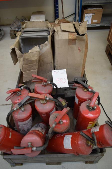 Pallet with 12 large and 3 small fire extinguishers + 6 pcs. boxes with lids, etc.