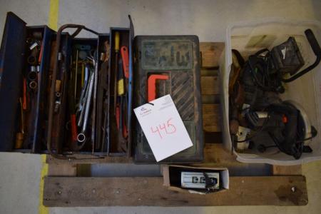 Toolbox with content box of jigsaw, angle grinder, circular saw, work lamp, etc.