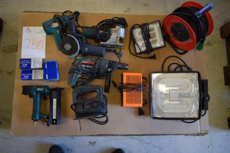 Various electrical tools, 220V, and air stapler, lamps and cable drum etc.