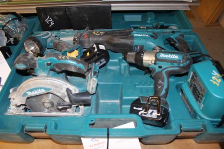 Suitcase with akuværktøj, Makita 18 volt screwdriver + + circular saw reciprocating saw + batteries and charger