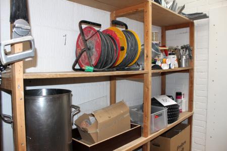 Bookcase with content, paint sprayers + cable drums + consumables etc.