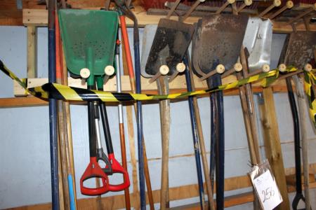 Miscellaneous garden tools on the wall as marked