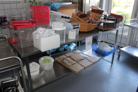 Stainless table 63 x 200 cm containing div molds + plastic tubs + crockery + 2 trolleys