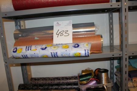 Contents bookcase div rolls of wrapping paper + ribbon etc.