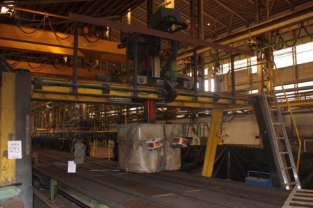 TRACK WELDING STATION, Including: Hede Nielsen 552-036 Traveling Gantry 16 M x 3.5 M Capacity, Rise and Fall Traveling Twin Head Welding Unit, (2) Wire Feeds, (2) Hede Neilsen Euromaster-500E-1 Mobile Mig Welding Transformers, Track and Pendent Controls (