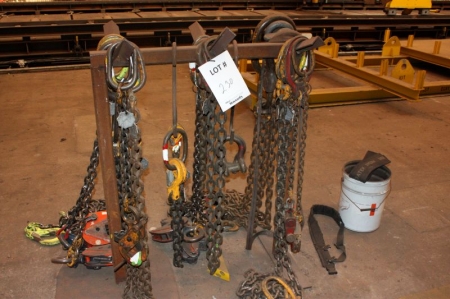 Stand with a large quantity of lifting equipment, chains, clamps for sheet metal and more