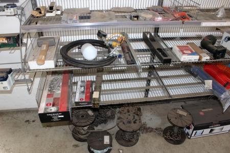 Content on shelves in 3 sections div. Chain + wire + power supplies + air hose, etc.