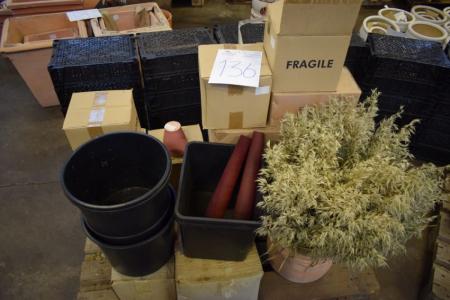 Pallet with flower pots, decorations supplies, buckets etc.
