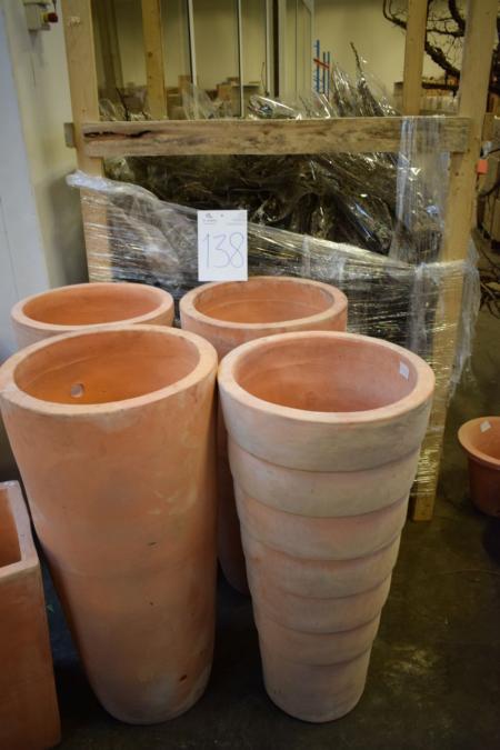 4 high round terracotta garden pots and 1. square