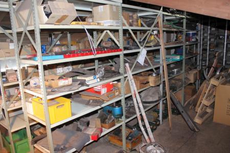 4 subjects steel bookcase containing various hand tools, screws + bolts etc.